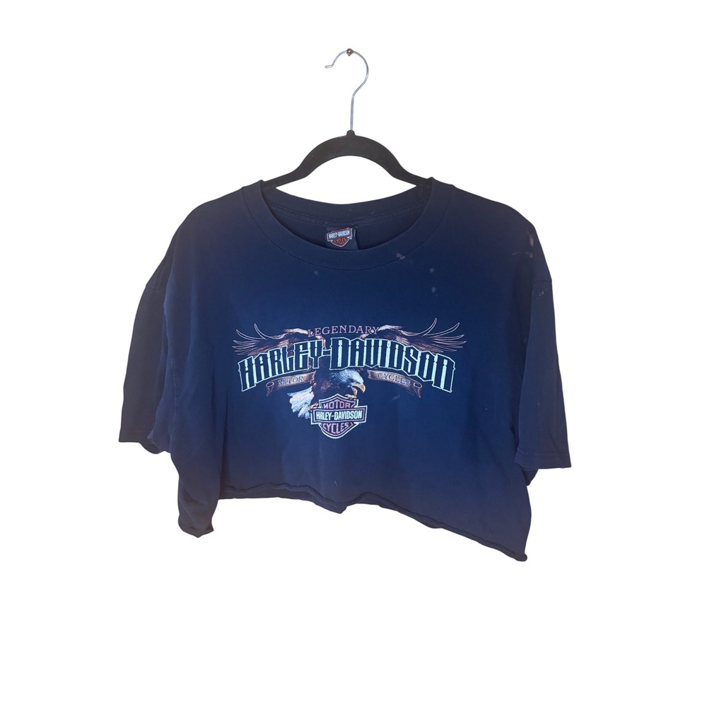 Harley Davidson Vintage Cropped Graphic Tee Daytona Beach Florida Navy XL